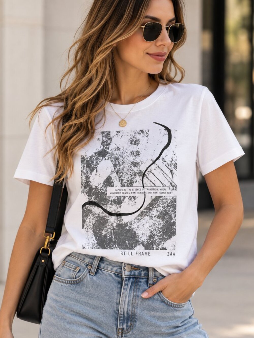 ZARA Graphic T-Shirt White Abstract Still Frame Short Sleeve Size S NWT Women